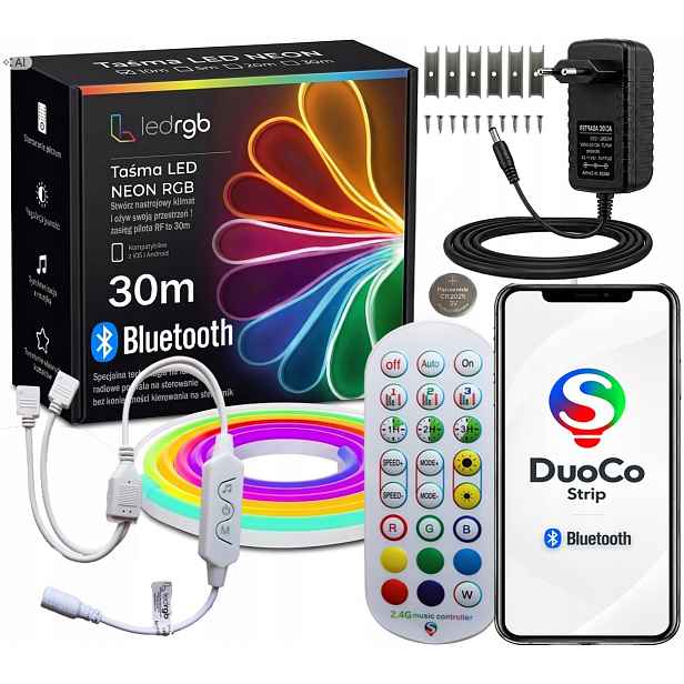 Set Led Pásek Neon 30M (2x15m) Rgb Apka Dálkový Ovladač Radiový 2.4 Napájecí Zdroj IP67