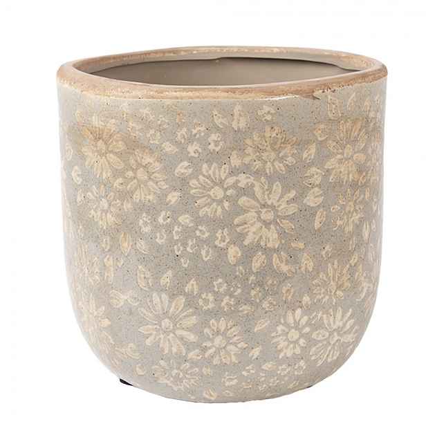 Šedý antik keramický obal na květináč s květy L - Ø 18*16 cm Clayre & Eef