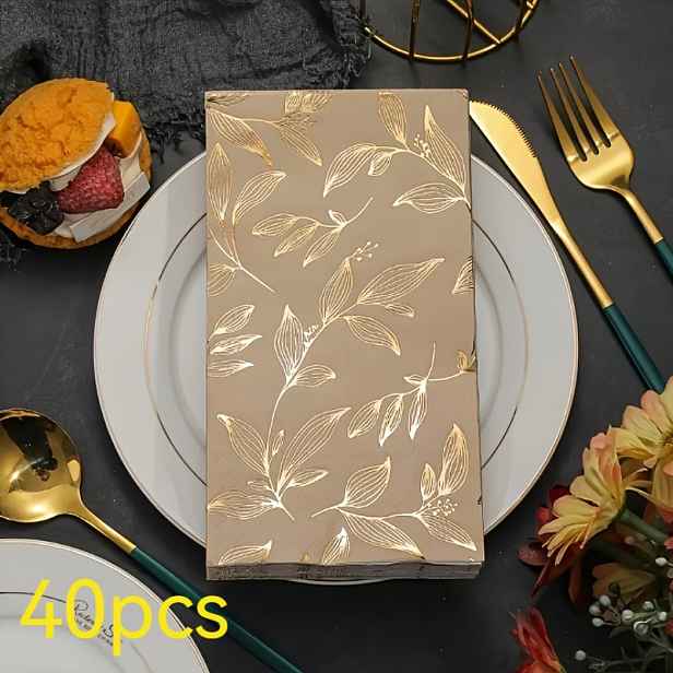 TEMU 40 elegantních ubrousků se zlatým povrchem a vzorem listů, dvouvrstvé, silné, o rozměrech 13 x 15,75 palců – vhodné pro svatby, narozeninové
