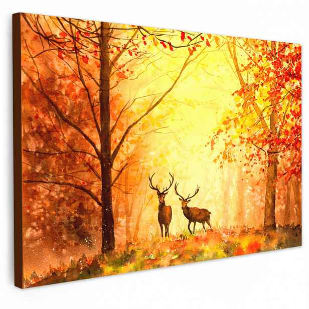 MuchoWow OBRAZ NA PLÁTNĚ Příroda - Olejové barvy - Jelen - Zvířata - Podzim - Oranžová 30x20 cm