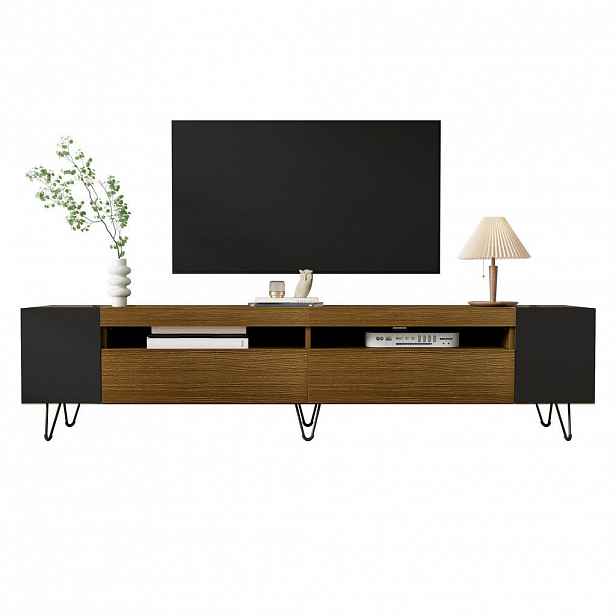 OKWISH TV stolek 180/36/43 cm černý a dekor dřeva z MDF a dřevotřískové desky s úložnými přihrádkami