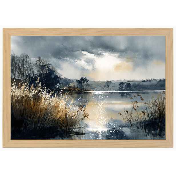 Plakát Rámeček Dřevo Krajina Jezero Mazury Břeh Trávy Slunce 60x40