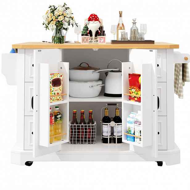 Modfu KUCHYŇSKÝ ostrůvek z MDF a kovu 120x45(75)x91 cm bílý na kolečkách se 2 dvířky a 6 zásuvkami