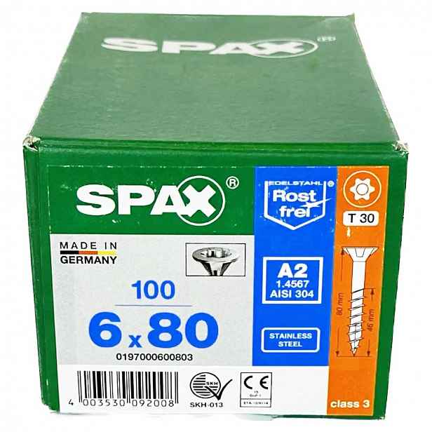 Nerezové vruty 6x80 mm, vruty do dřeva 100 ks, Ocel A2 Spax