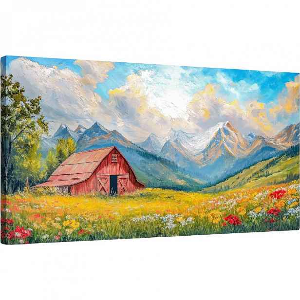 obraz na plátně Venkovská krajina Louka Stodola Hory 50 x 100 cm