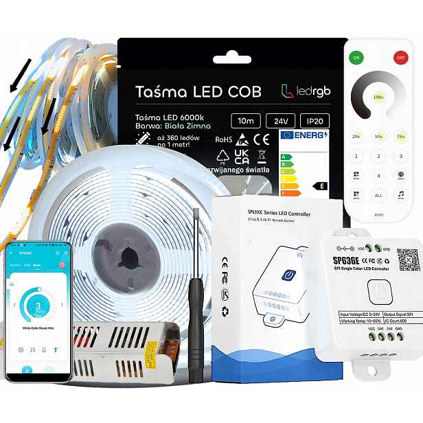 Set Led Pásek 10 m (2x5) Bílý 6000K Napájecí Zdroj Plovoucí Zónová Apka 24V