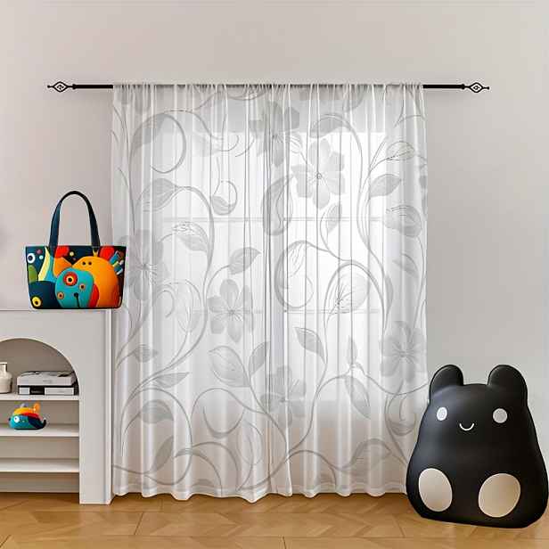TEMU 2 ks Poloprůhledné průsvitné závěsy, elegantní šedobílé květinové závěsy, sváteční, dárkové, svatební dekorace do ložnice, vhodné do ložnice,