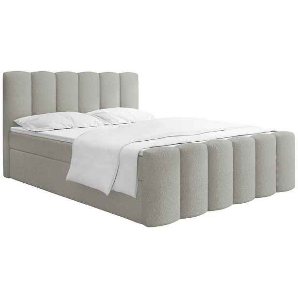 WFL GROUP BOXSPRING Postel Serenity s Úložným Prostorem – Světle šedá Bouclé – 140x200 cm – Taštičková Matrace H4 a Pěnový Topper