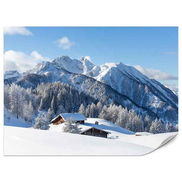 Muralo FOTOTAPETA do Obývacího Pokoje Skalnaté Hory Zima Smrky Dřevěné Chaty Sníh 200x140