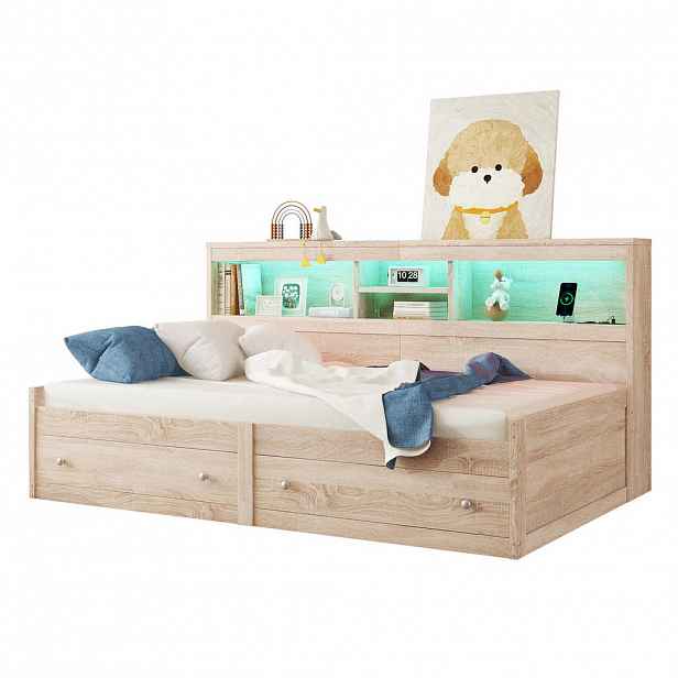 OKWISH DENNÍ postel 90/200 cm přírodní z dřevotřísky a MDF s LED osvětlením USB a zásuvkami