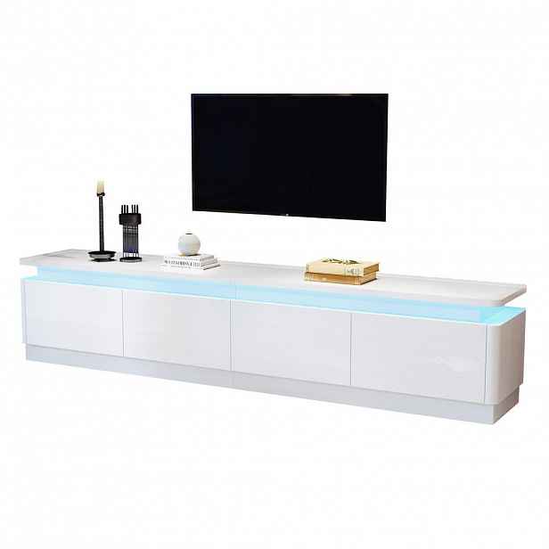 OKWISH TV stolek 180/34/40 cm bílý z dřevotřísky s LED osvětlením, 4 zásuvkami a lesklým povrchem