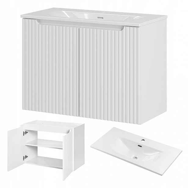 Skříňka s umyvadlem, bílá, rýhovaný koupelnový nábytek, Rilla White 80 cm