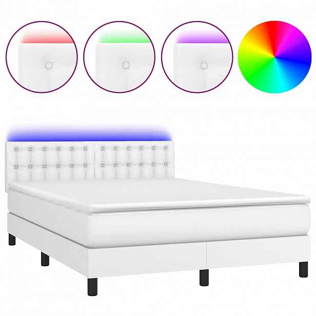 vidaXL Box spring postel s matrací a LED bílá 140x200 cm umělá kůže