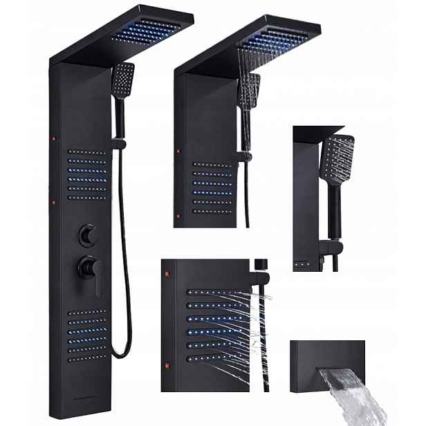 Led sprchový panel hydromasážní sprcha vodopád Černá Mat
