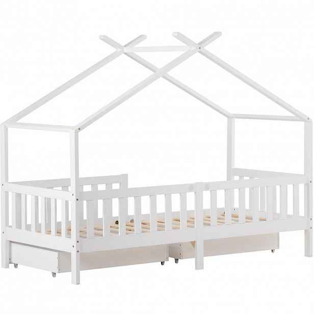 OKWISH DĚTSKÁ postel domeček 90/200 cm bílá z masivního dřeva s ohrádkou a zásuvkami