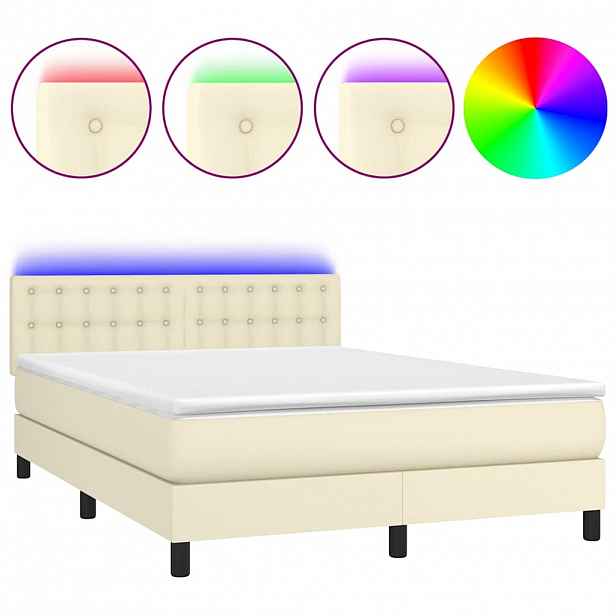 vidaXL Box spring postel s matrací a LED krémová 140x200 cm umělá kůže