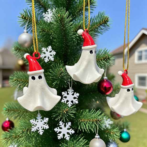 TEMU Sada 3 vánočních ozdob duchů - pryskyřicové duchy s čepicí Santa Claus, roztomilé bílé figurky duchů s červenými Santa čepicemi jako ozdoba na