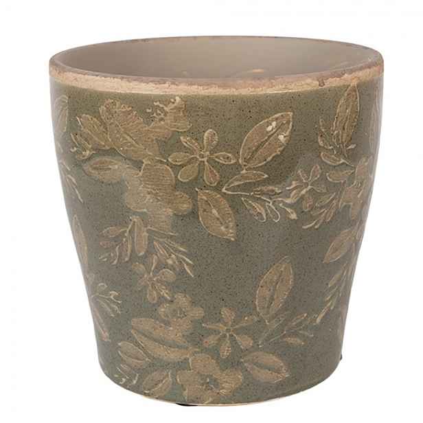 Zelený keramický obal na květináč s květy Timothée L - Ø 14*13 cm Clayre & Eef