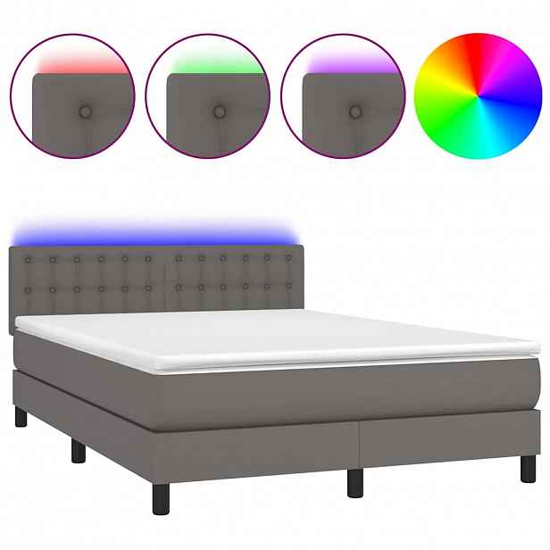 vidaXL Box spring postel s matrací a LED šedá 140x200 cm umělá kůže