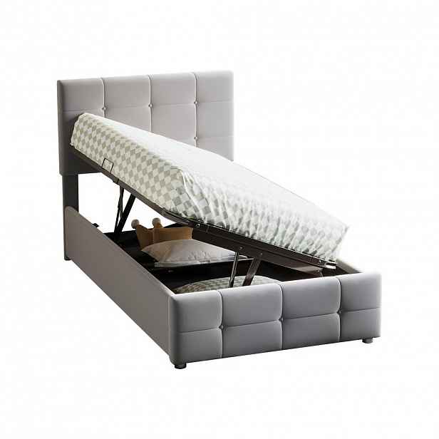 OKWISH DĚTSKÁ čalouněná postel 90/200 cm šedá ze sametu s hydraulickým úložným prostorem a nastavitelným čelem