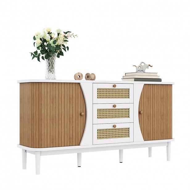 OKWISH KOMODA 140,5/40/76 cm bílá z MDF a dřevotřísky s ratanovými zásuvkami a nastavitelnými policemi