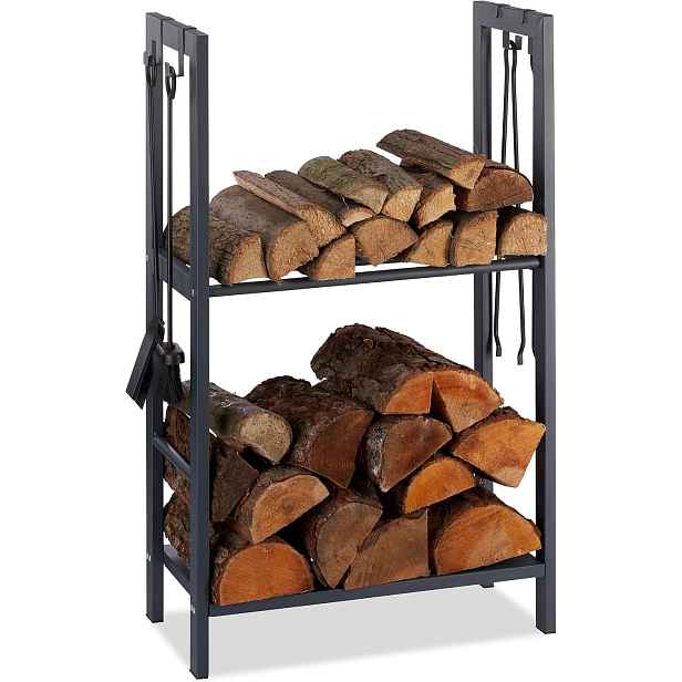 Regál Na Krbové Dřevo Ocel 100X60X30 CM 2 Police 4 Háčky