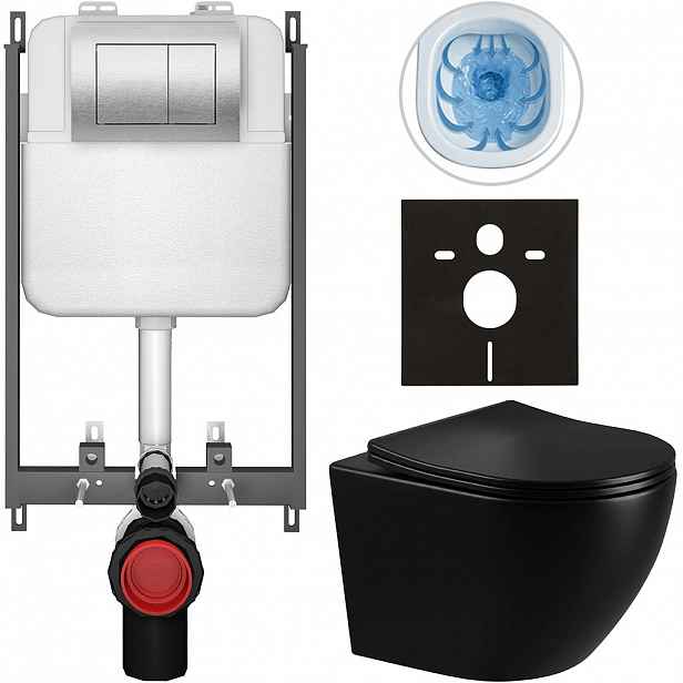Kompletní WC set Basic/Cesso - černá lesklá - WC tlačítko Maxio/Stříbrná - pro zazdění - 49x36 cm
