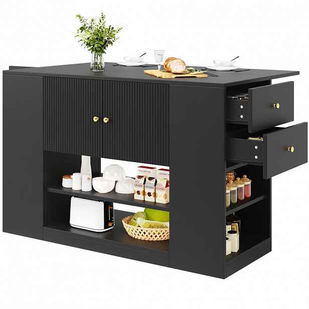 Modfu KUCHYŇSKÝ ostrůvek z MDF 140x40x90 cm černý se sklopnou deskou, zásuvkami a policemi