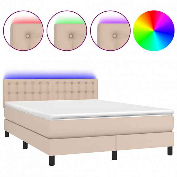 vidaXL Box spring postel matrace a LED cappuccino 140x200cm umělá kůže