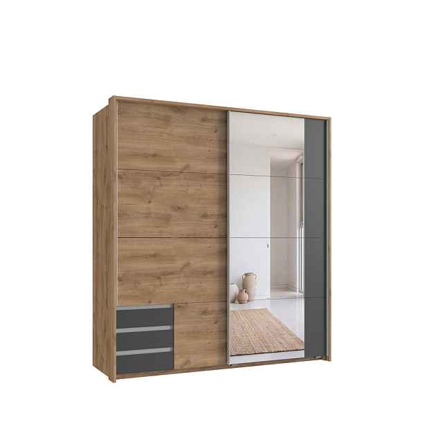 luma-home SKŘÍŇ S VZVÁJENÝMI DVEŘMI, 2dveřová, šatní skříň Passepartout v dekoru dubu se zrcadlem, 1x dveře a viditelné zásuvky v barvě grafitu / 2271
