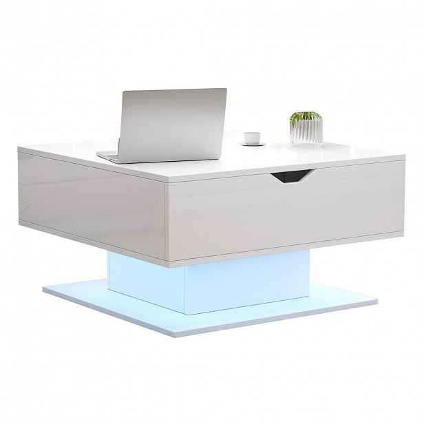 Modfu KONFERENČNÍ stolek z dřevotřísky 80x75x40 cm bílý se zvedací deskou, LED osvětlením a úložným prostorem