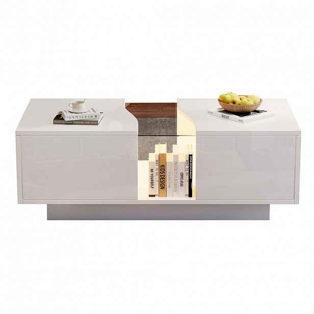 Modfu KONFERENČNÍ stolek z MDF 100x50x35 cm bílý vysoký lesk s LED osvětlením, akrylovou deskou a 2 zásuvkami
