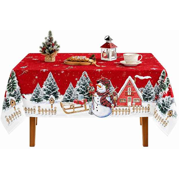 Vánoční Ubrus 140 X 220 CM Červený Sněhulák Vánoční Stromek Polyester 8-10 Osob