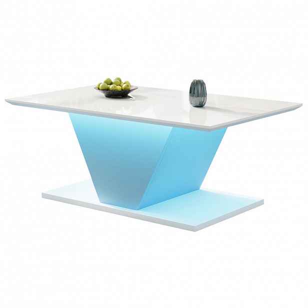Modfu KONFERENČNÍ stolek z dřevotřísky 100x50x46 cm bílý s LED osvětlením, vysokým leskem a designem ve tvaru V