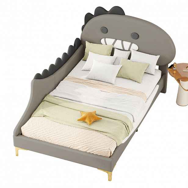 OKWISH DĚTSKÁ postel 90/200 cm šedá z PU a MDF ve tvaru dinosaura
