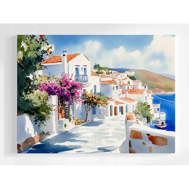 Plakát Řecko Ulička Santorini Moře Bugenwilla 100x75