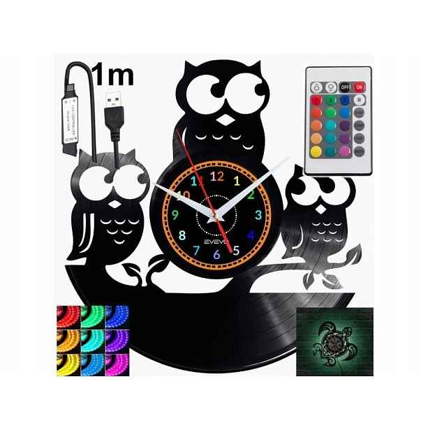 Sova Nástěnné hodiny Rgb Led podsvícené na dálkové ovládání Vinylová deska Moderní