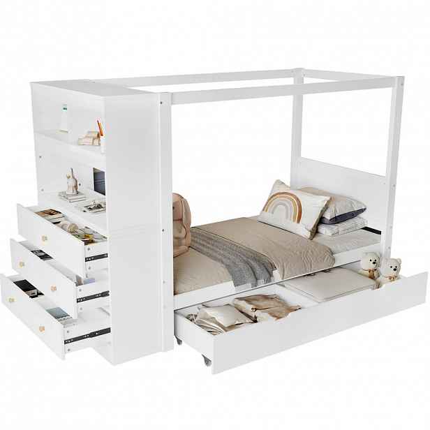 OKWISH JEDNOLŮŽKOVÁ postel 90x200 cm bílá z masivního dřeva a MDF s úložným prostorem a psacím koutem