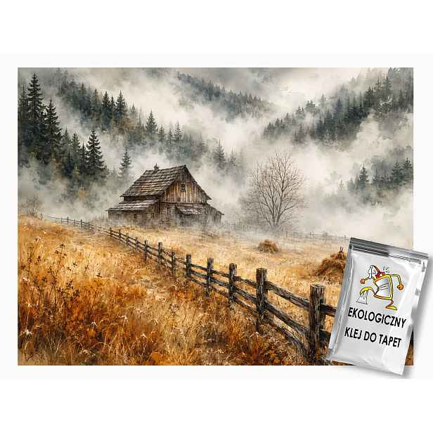 Vliesová fototapeta Hory Les Stromy Mlha Louka Chata Podzim 368x254 130g