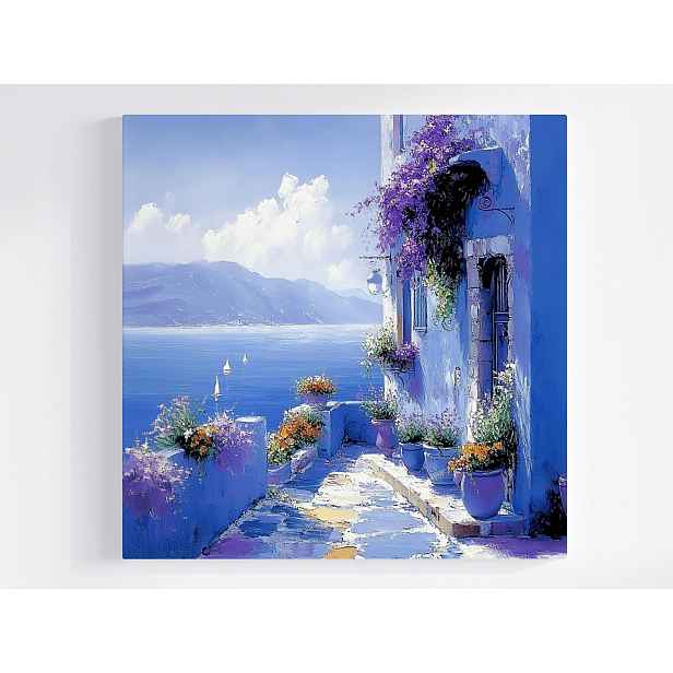 Obraz Na Plátně Canvas Krajina Pohled Řecko Moře Dům Terasa Květiny 50x50