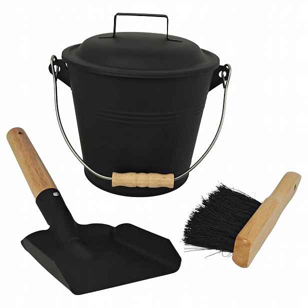 Kbelík na popel krbový 4,5 l s víkem, sada, lopatka, kartáč, kovový