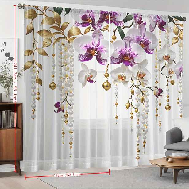 TEMU 2 ks Orchidejové závěsy se zlatými detaily, elegantní potištěné průsvitné záclony do kuchyně, kavárny, jídelny, balkonu a ložnice