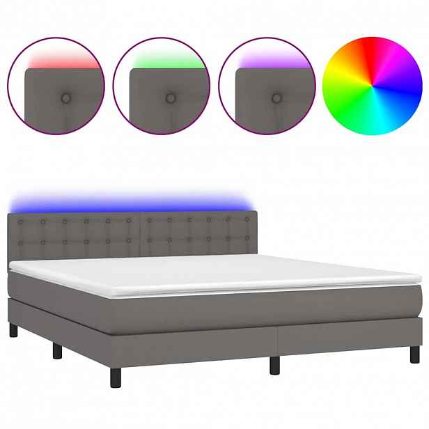 vidaXL Box spring postel s matrací a LED šedá 180x200 cm umělá kůže