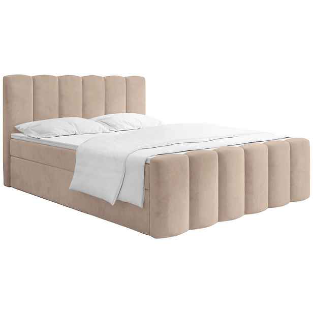 WFL GROUP BOXSPRING POSTEL Serenity – Úložný Prostor pod Postelí – Tmavě béžový samet – 140x200 cm – Taštičková Matrace H4 a Pěnový Topper