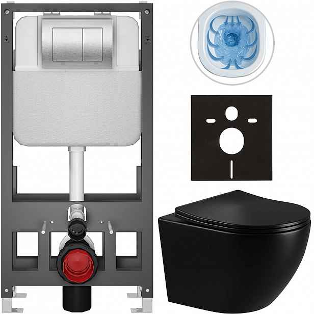 Kompletní WC set Basic/Cesso - černá lesklá - WC tlačítko Maxio/Stříbrná - volně stojící - předstěnová instalace - 49x36 cm