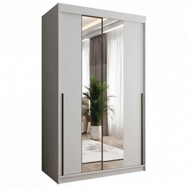Home Collective SKŘÍŇ S POSUVNÝMI DVEŘMI se zrcadlem, šířka 120 cm, bílá s černým úchytem