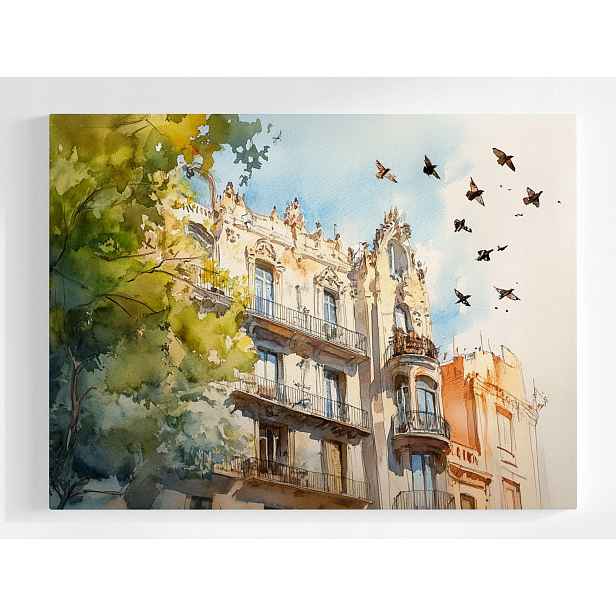 Plakát Barcelona Kamienica Ptáci Akvarel Modernismus 100x75