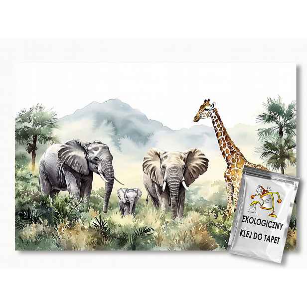 Fototapeta Flizelina Džungle Afrika Zvířata Slon Žirafa 368x254 130g