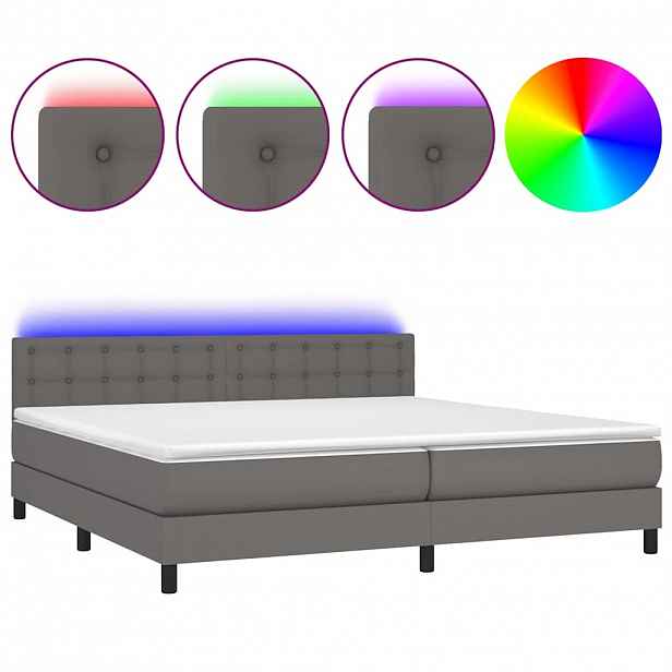 vidaXL Box spring postel s matrací a LED šedá 200x200 cm umělá kůže