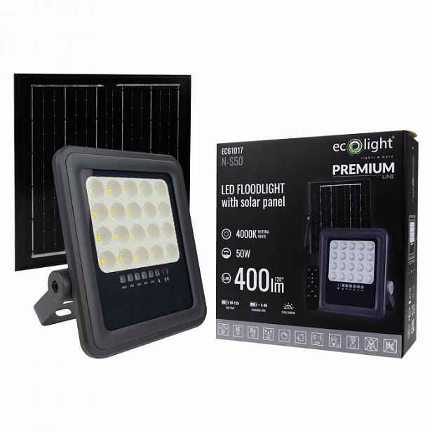 Led Osvětlovač Solární Panel 50W Dálkový Ovladač Senzor Soumraku IP65 Neutrální